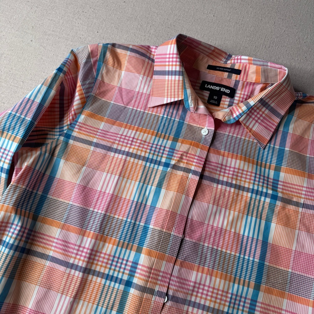 Lands End Womens No Iron Supima Cotton Plaid 3/4 Sleeve Tunic Shirt Size 10